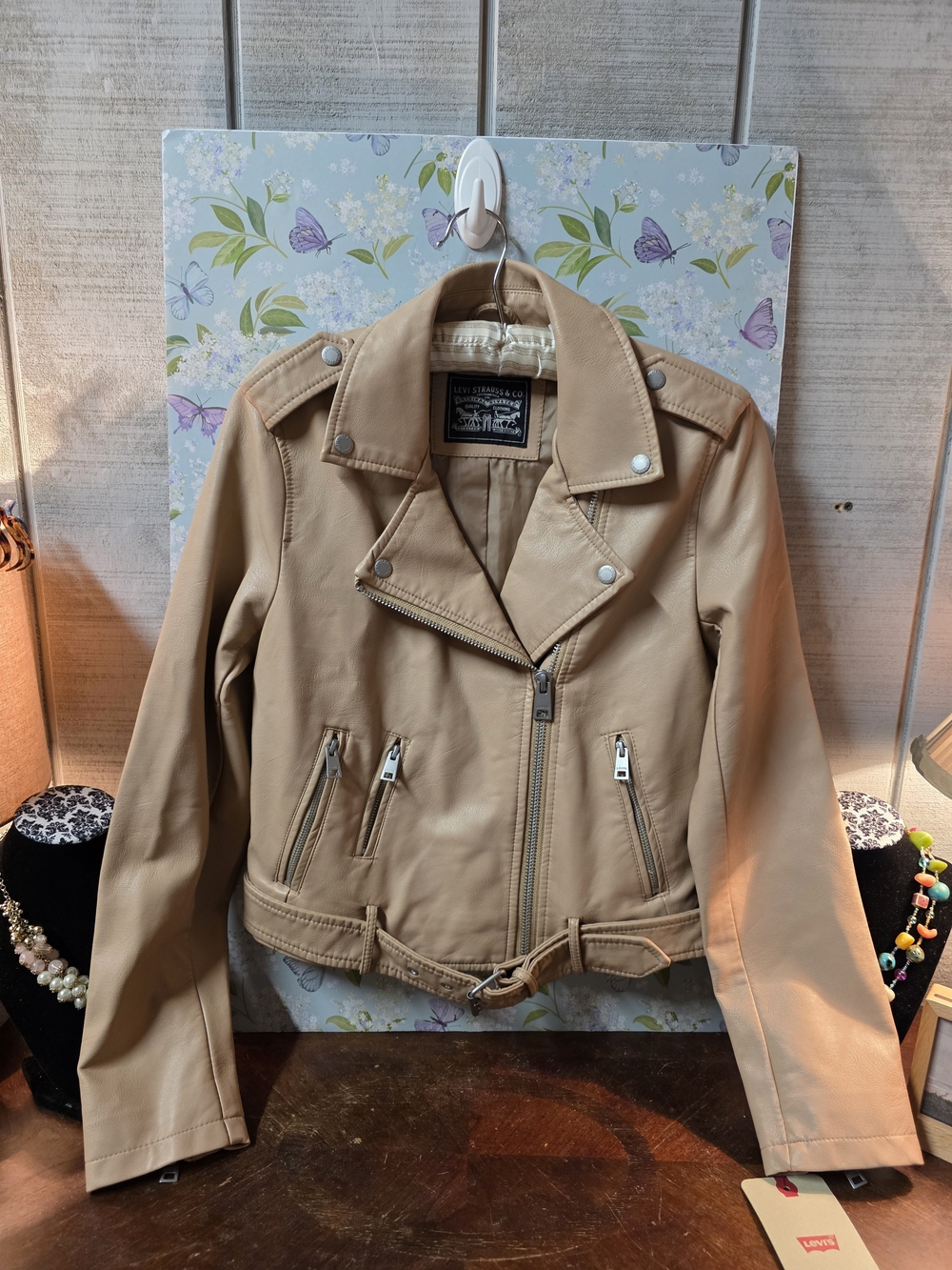 Levi's Women's Faux Leather Moto Jacket Biscotti Belted Size S NWT LW8RU808